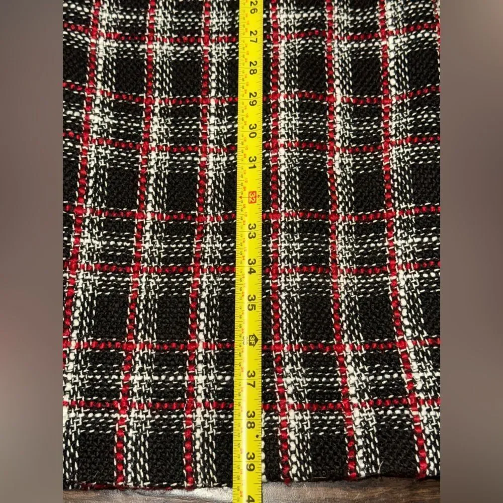 Calvin Klein Plaid Tweed Long Jacket Coat Black Red White Size 12 EUC Lined